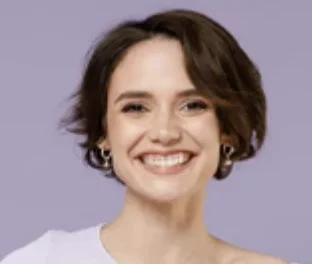 Portrait of a cheerful Latin woman with short hair, aged between 20 and 35, set against a light purple background